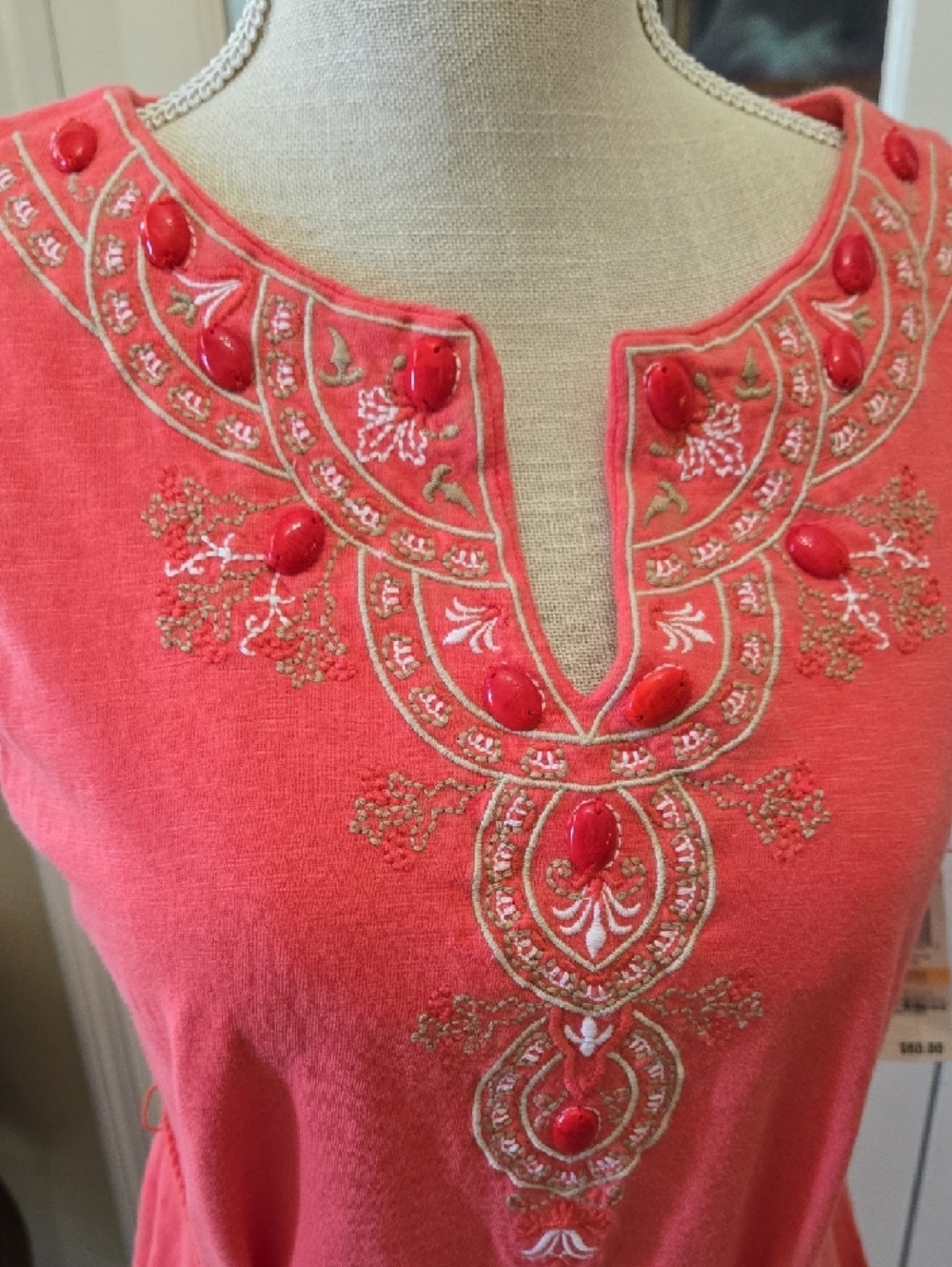 Charter Club Petite Coral Dress Sleeveless Embroidered Beads Tie Waist Cotton SP - Picture 3 of 11